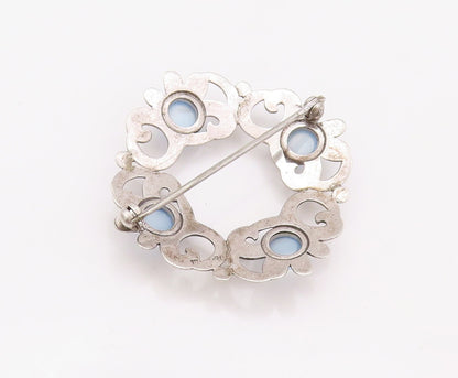 925 Sterling Silver Vintage Brooch Pin Swirly Carved Cat's Eye Wreath  BP11156