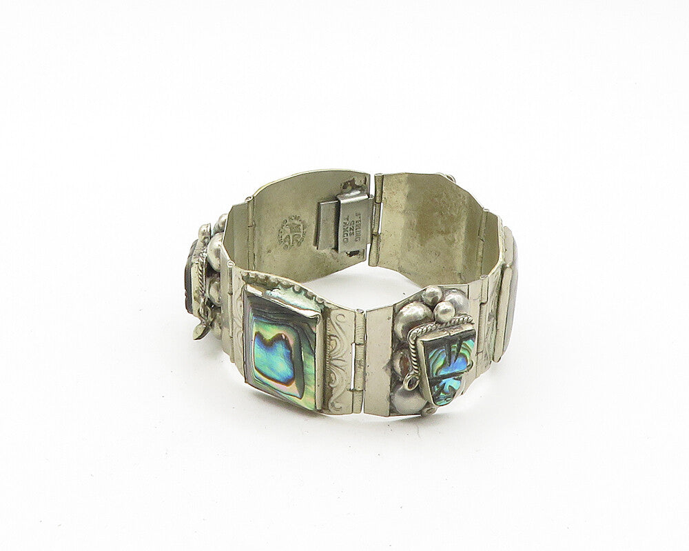 AB MEXICO 925 Silver  Vintage Face Carved Abalone Shell Chain Bracelet  BT7531