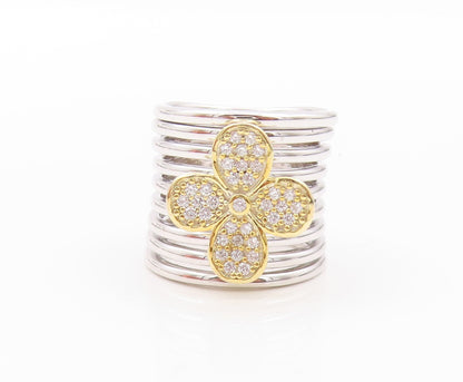 925 Sterling Silver Vintage Ring Stacked Bands Carved CZ Flower  Sz 7  RG32518