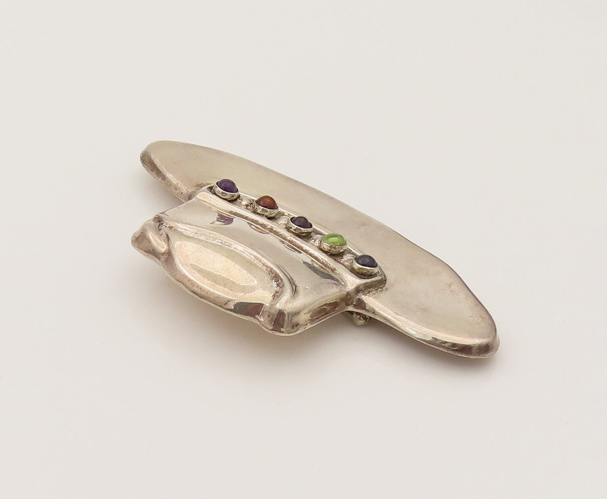 925 Silver  Vintage Heavy Cabochon Amethyst & Gemstones Hat Brooch Pin BP10266
