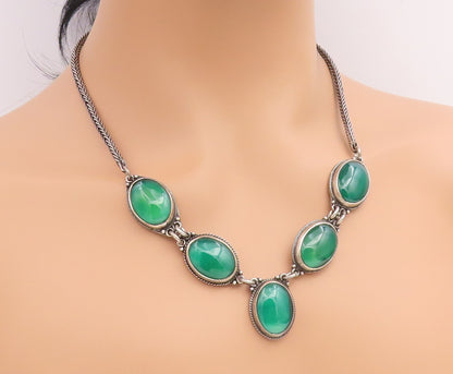 925 Sterling Silver Vintage Necklace Green Chalcedony Statement Chain  NE4911