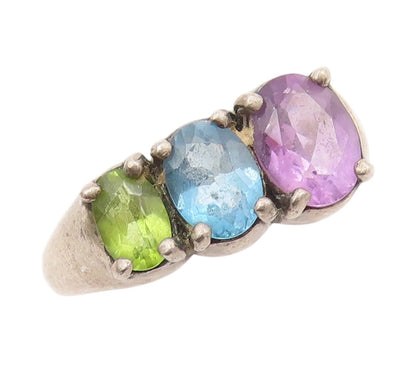 925 Sterling Silver Vintage Ring KABANA Oval Amethyst CZ Peridot  SZ 8  RG31965