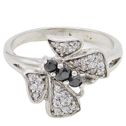 925 Silver  Vintage Cubic Zirconia & Hematite Butterfly Band Ring Sz 9 RG17941