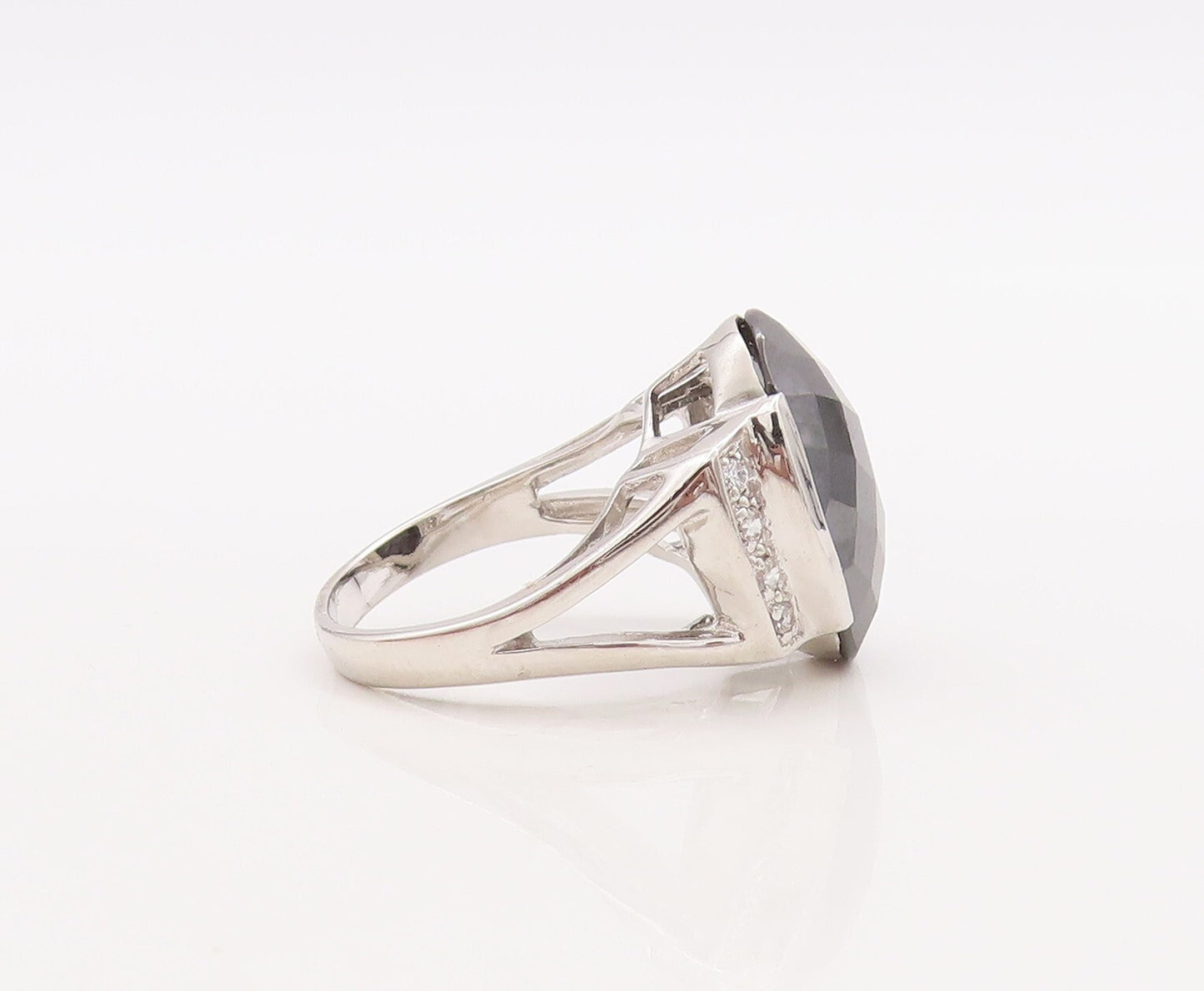 925 Sterling Silver Vintage Ring Oval Cut Onyx & CZ Inlay  Sz 7.5  RG29869