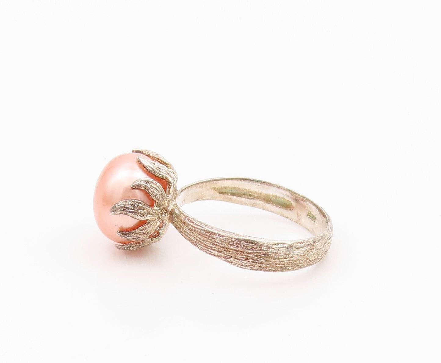 925 Sterling Silver Vintage Ring Modernist Pink Pearl Grooved Band Sz 10 RG33038