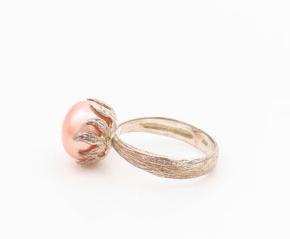 925 Sterling Silver Vintage Ring Modernist Pink Pearl Grooved Band Sz 10 RG33038