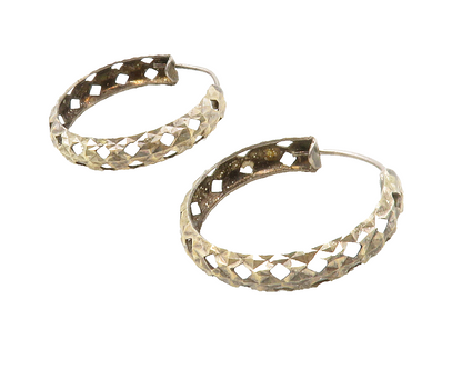 925 Sterling Silver  Vintage Shiny Cutout Design Round Hoop Earrings  EG6741