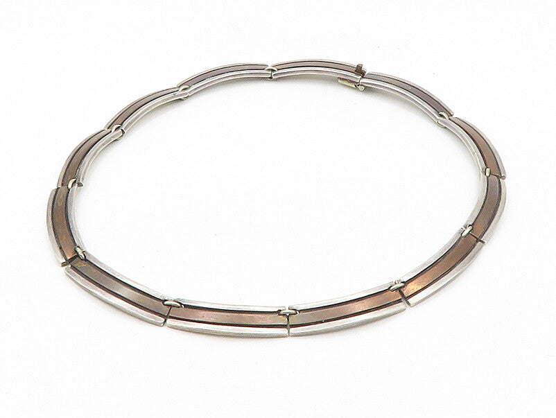 MEXICO 925 Silver  Vintage Two Tone Curved Bar Link Collar Necklace  NE2946