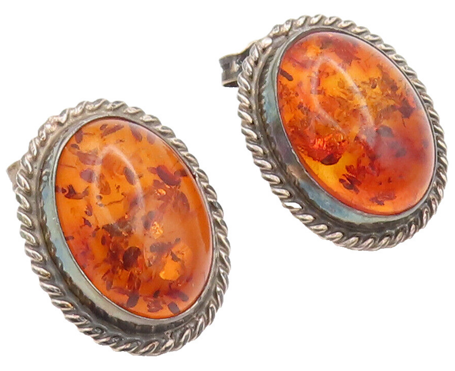 925 Sterling Silver  Vintage Oval Amber Halo Twisted Rope Earrings  EG12660