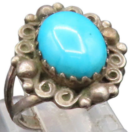 RS NAVAJO 925 Silver  Vintage Beaded Spiral Frame Turquoise Ring Sz 3  RG25258