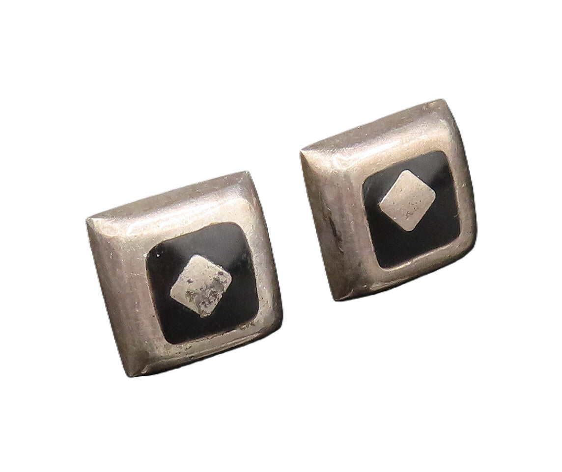 MEXICO 925 Silver  Vintage Inlaid Black Onyx Square Stud Earrings  EG12140