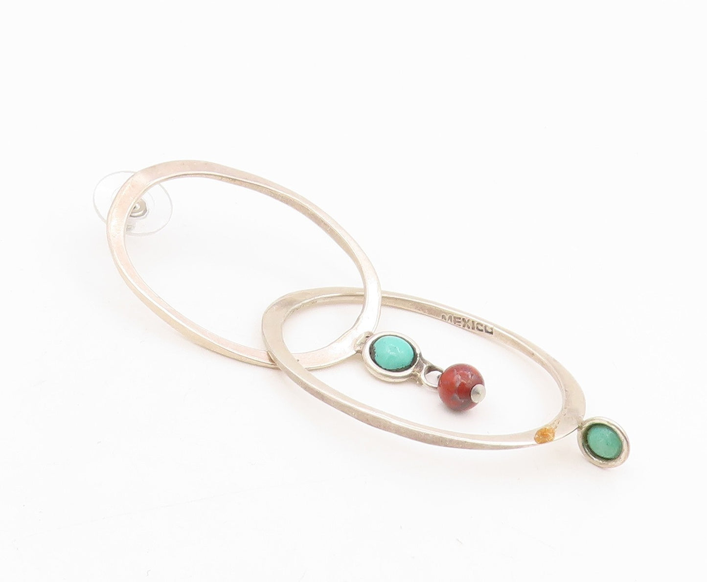 925 Sterling Silver Vintage Earrings Turquoise & Red Bead Abstract Hoop  EG13879