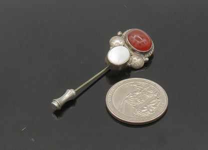 HEMMEL 925 Silver  Vintage Mother Of Pearl & Carnelian Lapel Pin  TR2975