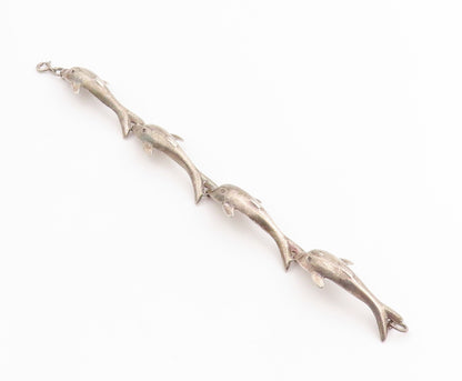 925 Sterling Silver Vintage Bracelet Linked Leaping Baby Dolphins Chain  BT11422