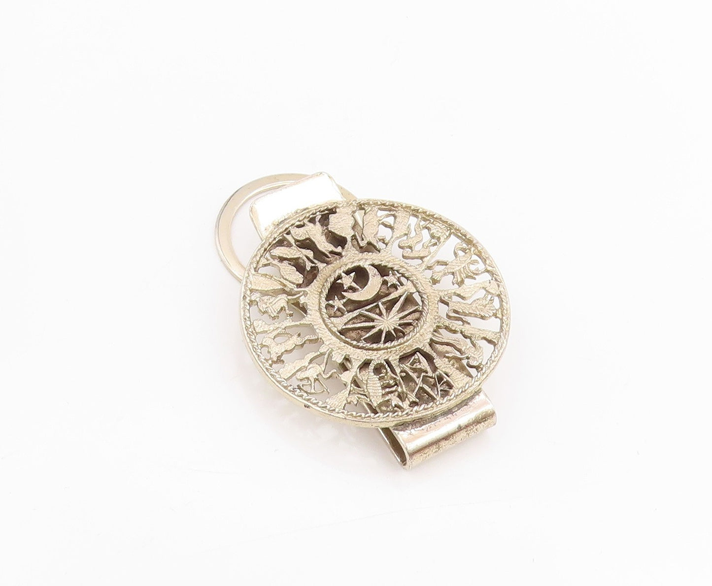 925 Sterling Silver Vintage Money Clip Celestial Zodiac Calendar Pin   TR4066