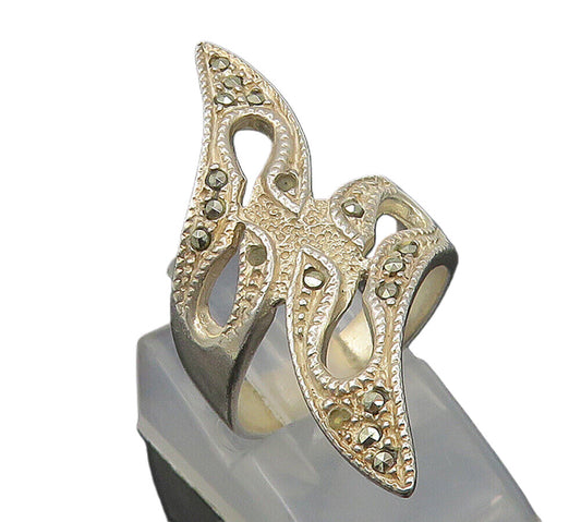 925 Sterling Silver  Vintage Marcasite Cutout Bypass Band Ring Sz 5  RG10679