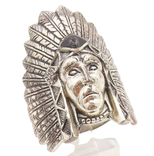 925 Sterling Silver Vintage Ring SILVER CLOUD Onyx Native Chief  Sz 11  RG35353