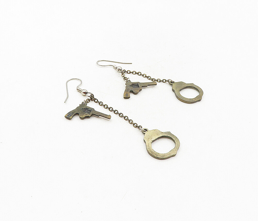 925 Sterling Silver  Vintage Dark Tone Gun & Handcuffs Dangle Earrings  EG4713