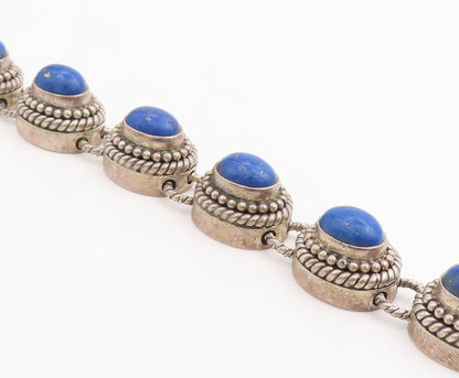925 Sterling Silver Vintage Bracelet Cabochon Lapis Lazuli Beaded Chain  BT11437