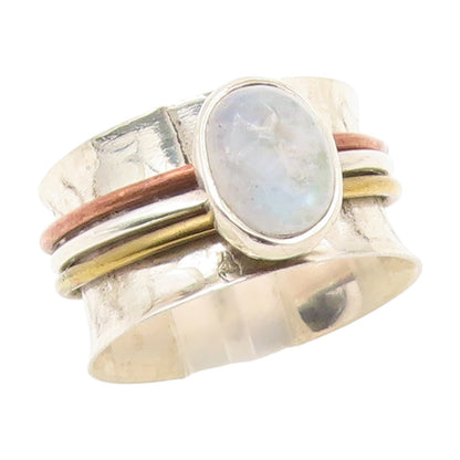 925 Sterling Silver Vintage Ring Moonstone Hammered Spinner Band  Sz 7  RG35140