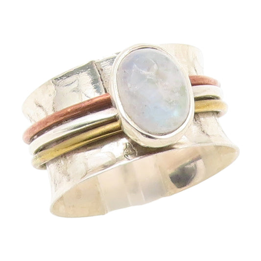 925 Sterling Silver Vintage Ring Moonstone Hammered Spinner Band  Sz 7  RG35140