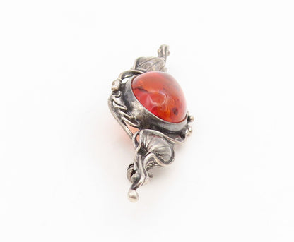 925 Sterling Silver Vintage Brooch Pin Cabochon Honey Amber Floral Leaf  BP12211