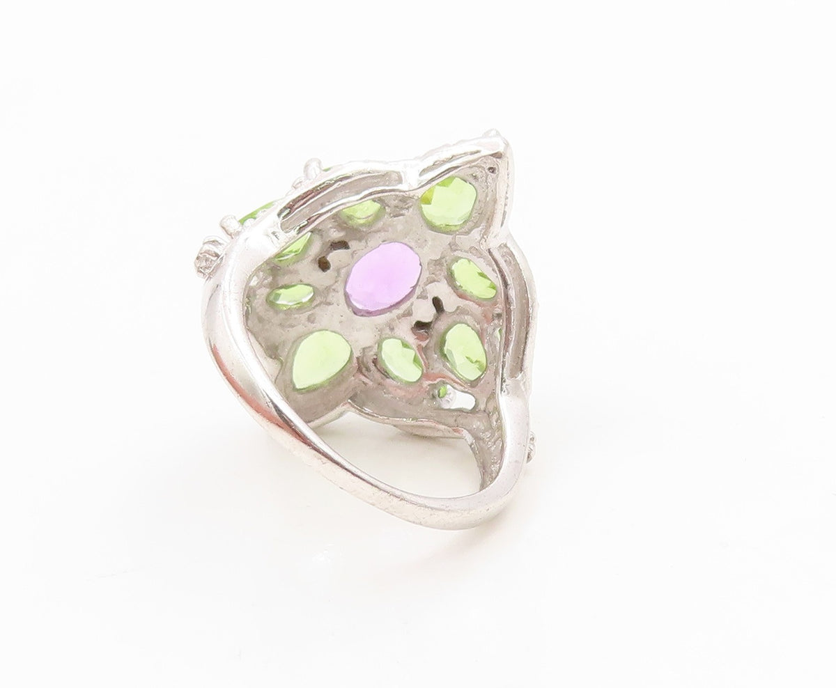 925 Sterling Silver Vintage Ring Amethyst & Peridot Floral Band  Sz 7.5  RG36164