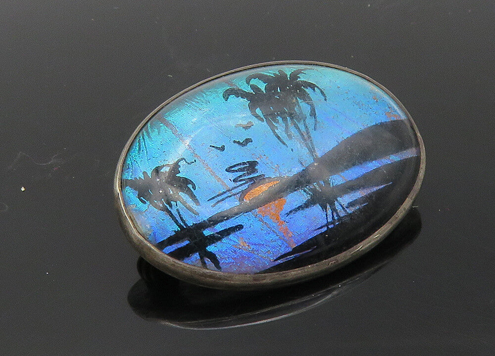 STERLING BAR 925 Silver  Vintage Morpho Butterfly Wing Brooch Pin  BP4031