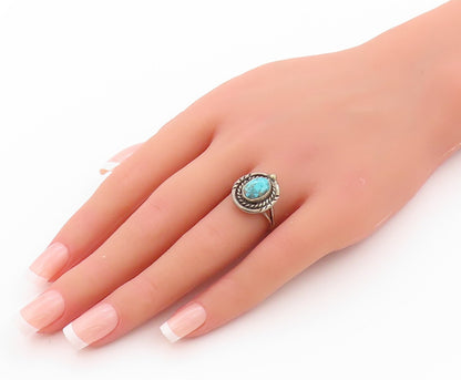 925 Sterling Silver Vintage Ring NAVAJO Oval Turquoise Halo Roped Sz 7.5 RG32416