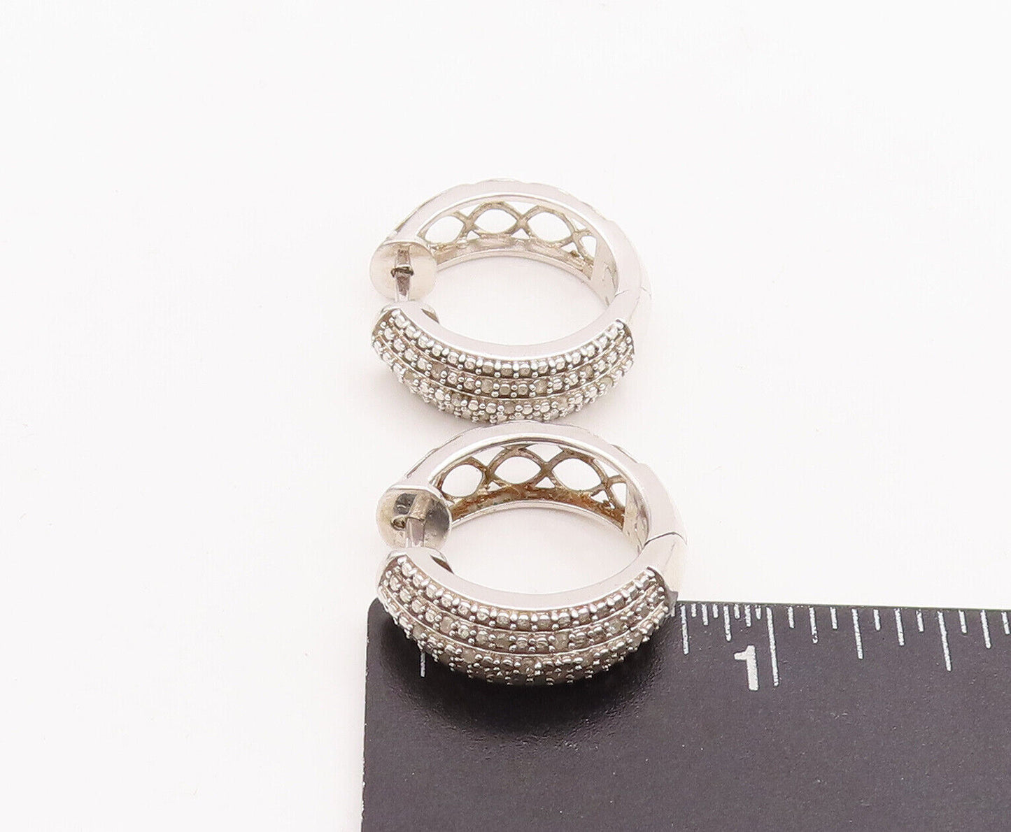 925 Sterling Silver Vintage Earrings Cutout Solid Diamonds Inlay Hoops  EG13066