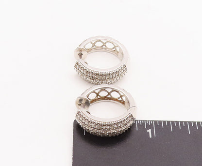 925 Sterling Silver Vintage Earrings Cutout Solid Diamonds Inlay Hoops  EG13066