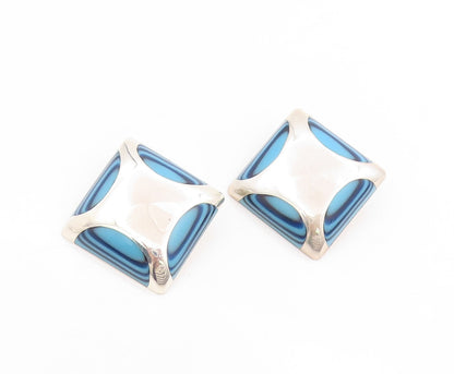 925 Sterling Silver Vintage Earrings MEXICO Blue Agate Geometric Clip On EG14039