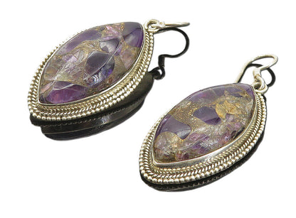 925 Sterling Silver  Vintage Cabochon Cut Amethyst Dangle Earrings  EG3909