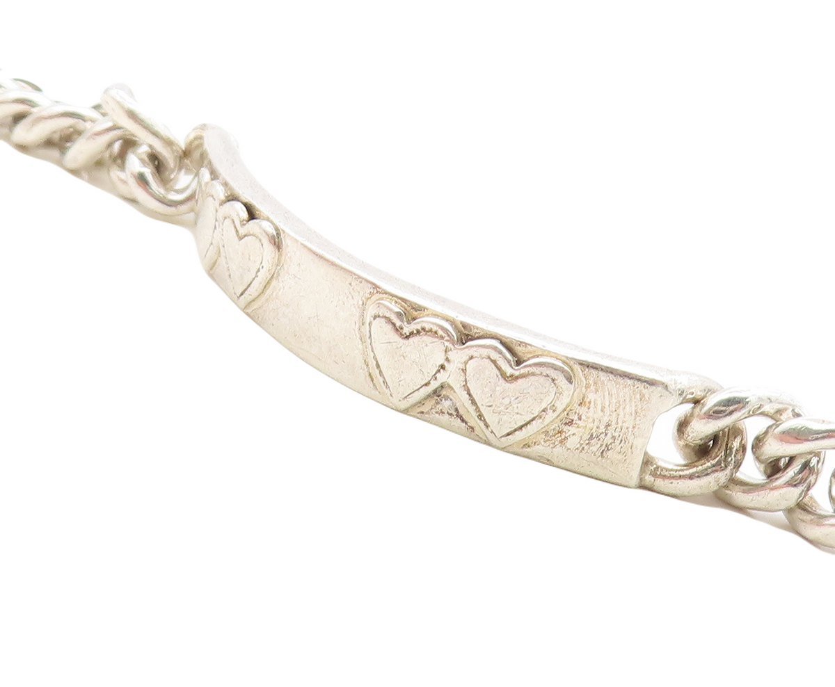 MEXICO 925 Sterling Silver  Vintage Love Heart Bar Curb Chain Bracelet  BT2734