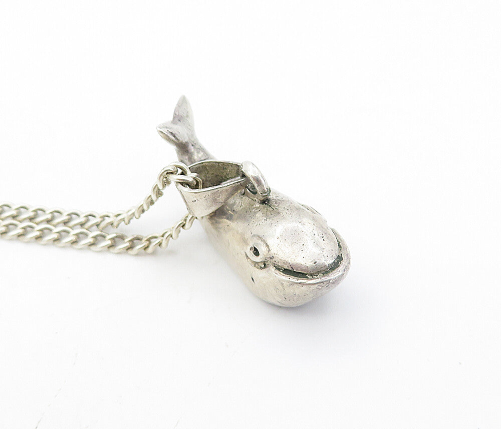 925 Sterling Silver  Vintage Hollow Whale Pendant Thin Chain Necklace  NE1441