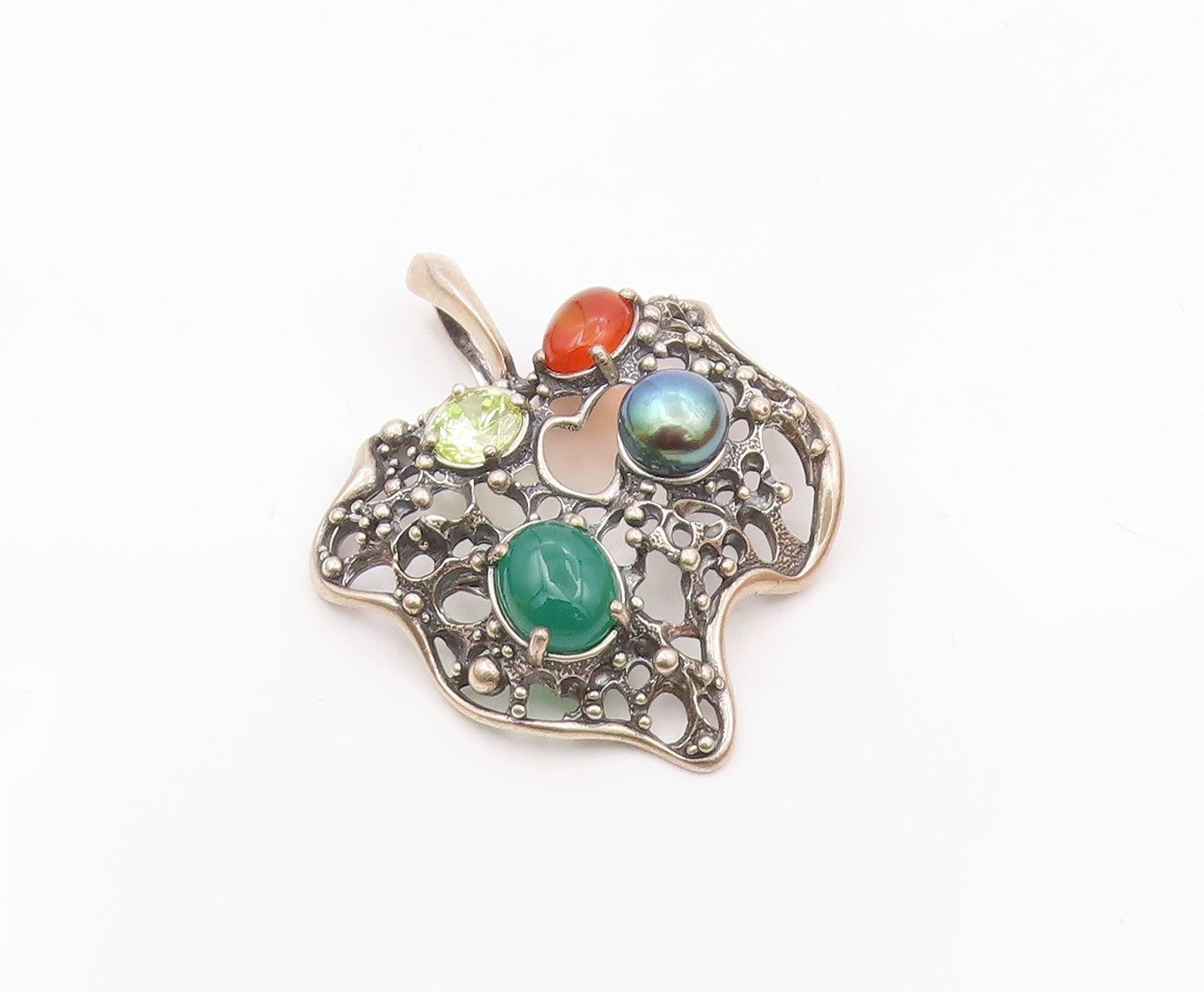 925 Sterling Silver  Vintage Pearl Carnelian Agate & Peridot Pendant  PT7828