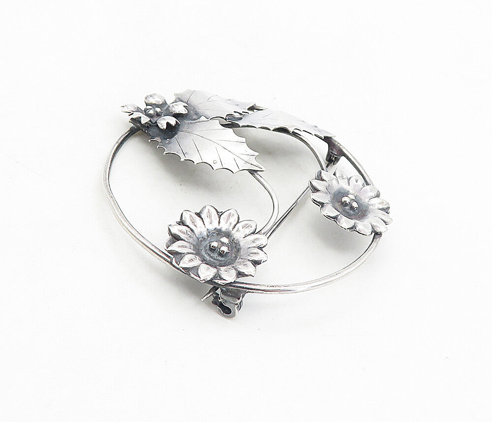 925 Sterling Silver  Vintage Shiny Oxidized Sun Flowers Brooch Pin  BP3072