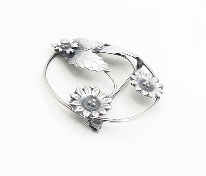 925 Sterling Silver  Vintage Shiny Oxidized Sun Flowers Brooch Pin  BP3072