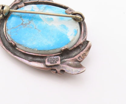 925 Sterling Silver Vintage Brooch Dark Tone Framed Oval Turquoise  BP11582