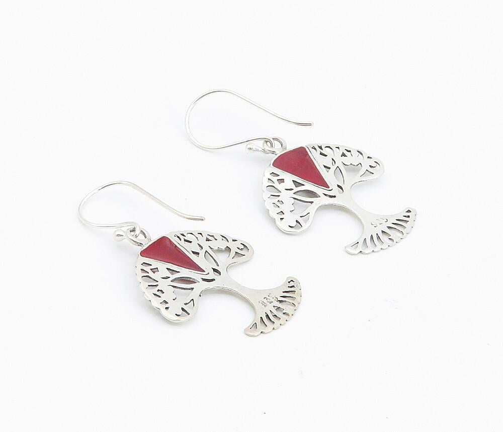 925 Sterling Silver  Red Sponge Coral Tree Of Life Love Drop Earrings  EG3015