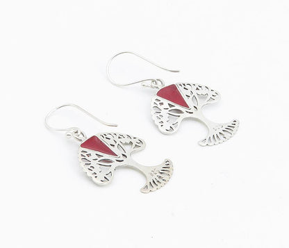 925 Sterling Silver  Red Sponge Coral Tree Of Life Love Drop Earrings  EG3015