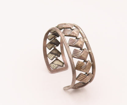 DANECRAFT 925 Silver  Vintage Chair Chain Within 2 Band Cuff Bracelet  BT9918