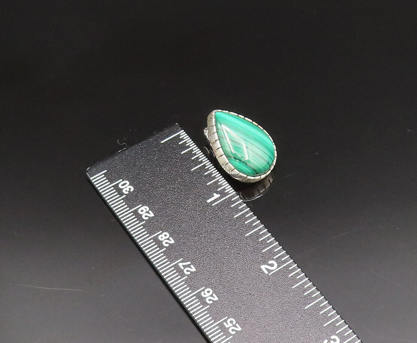 NAVAJO 925 Silver  Vintage Etched Pear Shaped Malachite Earrings  EG11949