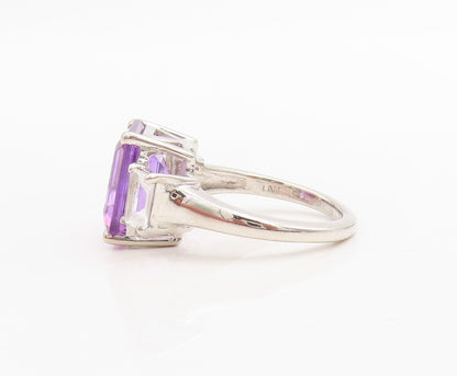 925 Sterling Silver Vintage Ring Rectangle Cut Amethyst & CZ  Sz 7  RG30555