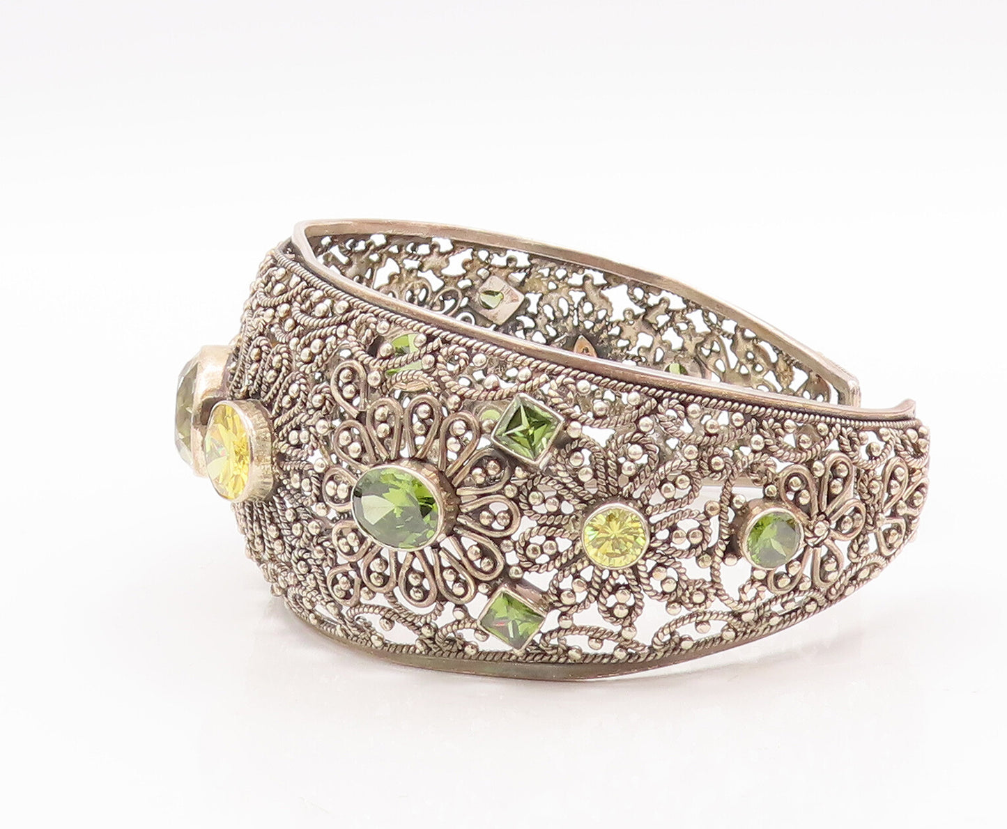 925 Sterling Silver Vintage Bracelet Floral Beaded Cutout Citrine Cuff  BT10556