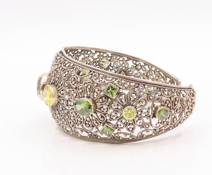 925 Sterling Silver Vintage Bracelet Floral Beaded Cutout Citrine Cuff  BT10556