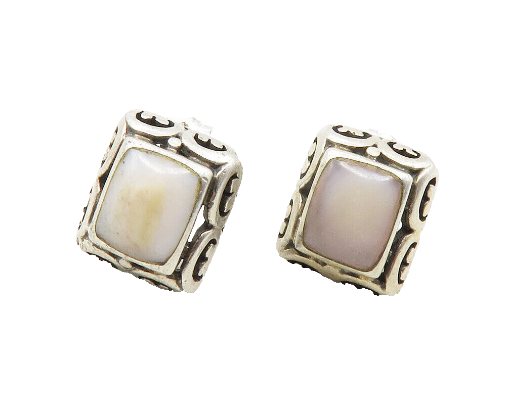 925 Sterling Silver  Vintage Mother Of Pearl Swirl Square Stud Earrings EG6357