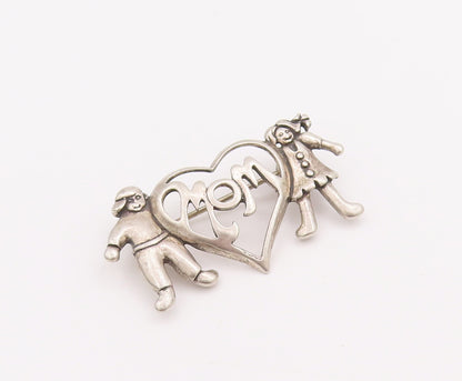925 Sterling Silver Vintage Brooch Pin Love Mom Cutout With Children  BP11109