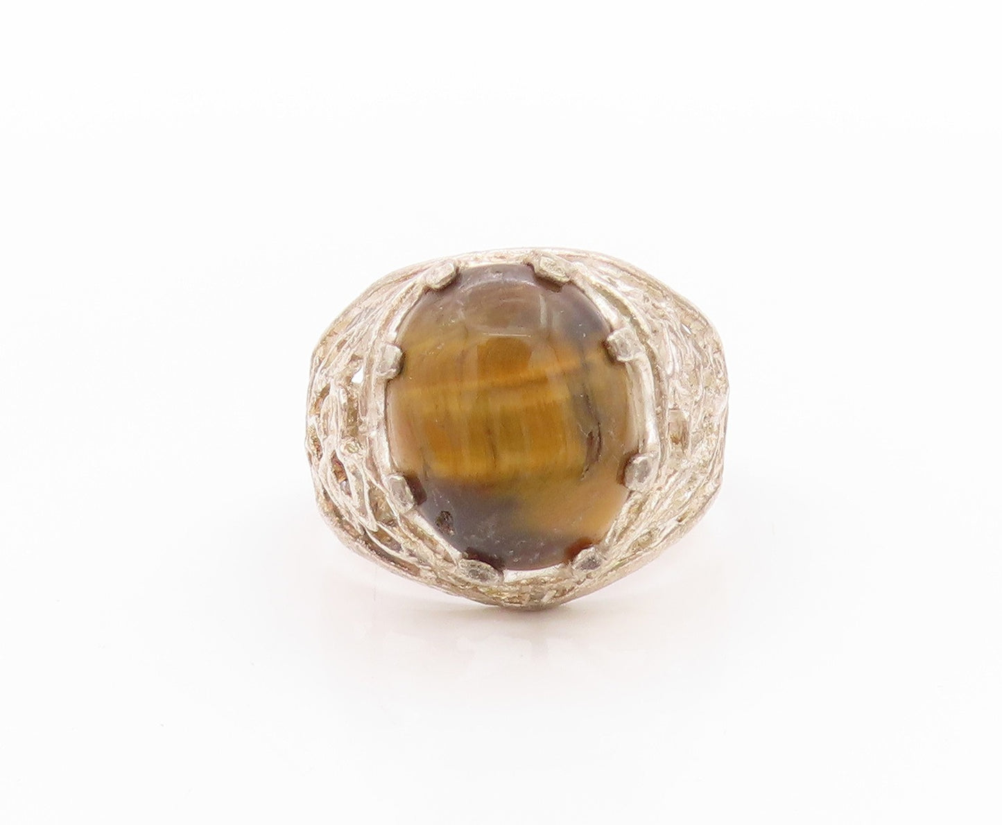 925 Sterling Silver Vintage Ring Floral Cutout Oval Tiger's Eye  Sz 11  RG33334