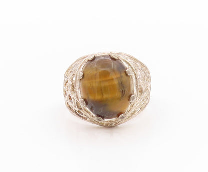 925 Sterling Silver Vintage Ring Floral Cutout Oval Tiger's Eye  Sz 11  RG33334